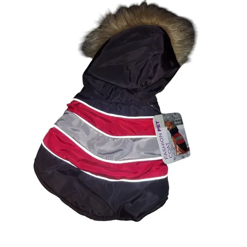 FASHION PET Diagonal Stripe Puffy Coat Red Gray Black XS With Faux Fur